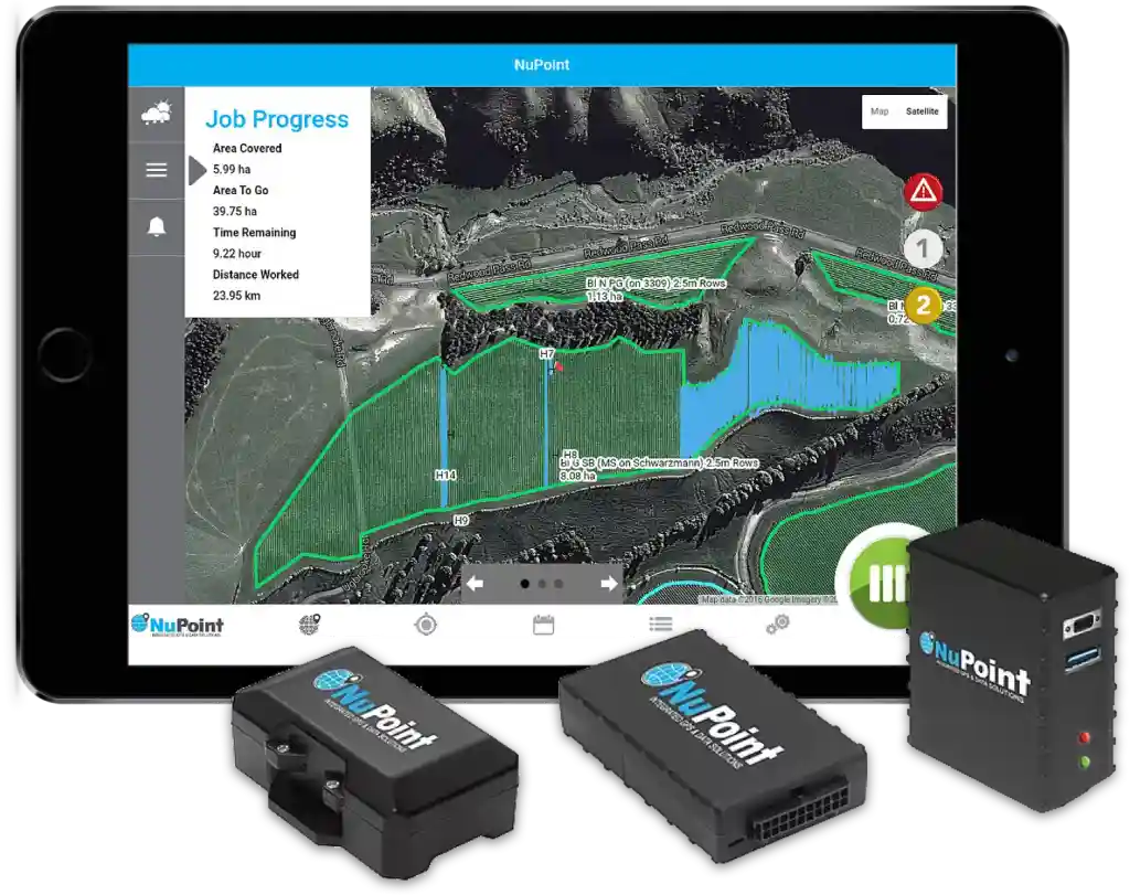 NuPoint intelligent farming interface showing job progress, mapped field coverage, and connected IoT hardware.