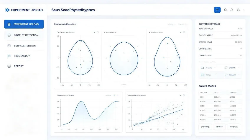 Concept fluid-analysis interface with droplet contours, surface-tension and free-energy values, solver status, and experimental reporting.
